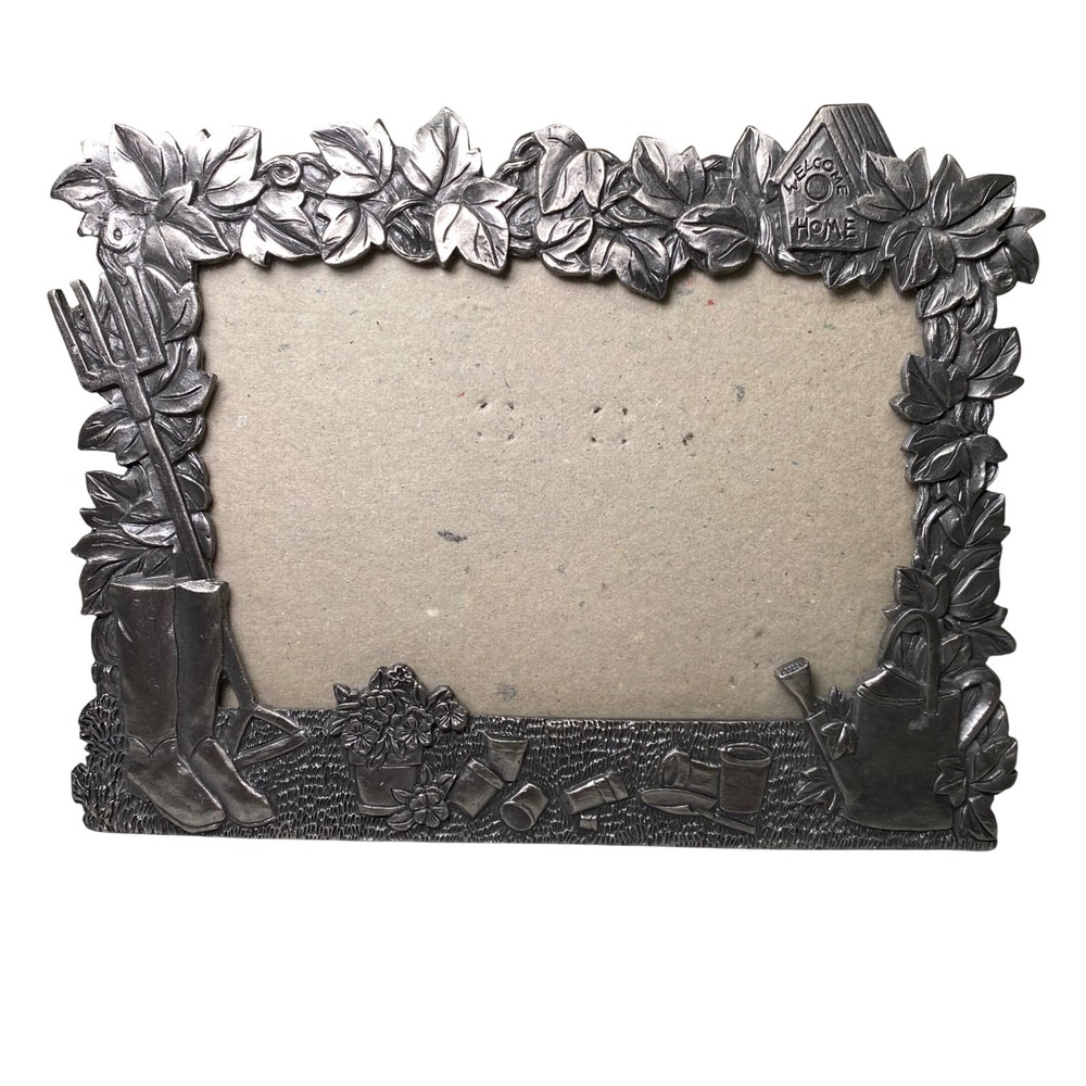 Perfect Pewter Metal Garden Theme Picture Frame 3.5x5 Boots Watering Can Relief